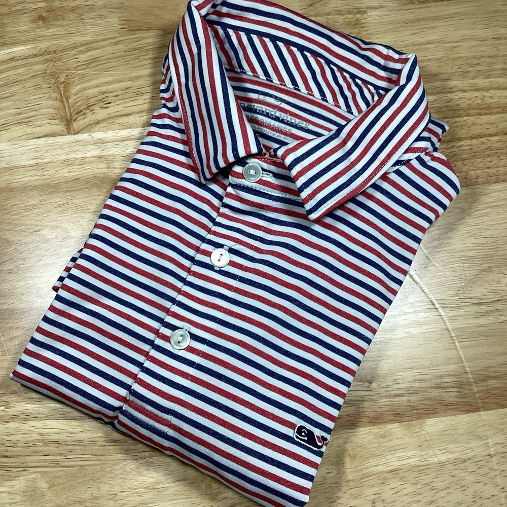 Mens Vineyard Vines Short Sleeved Striped Performance Polo White/red/blue Small